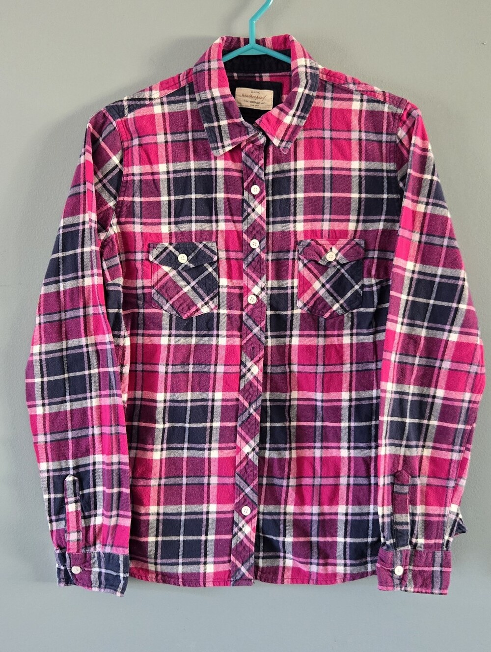 Pink & Blue Plaid Button Down Top Women Medium By Original Weatherproof Vintage